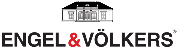 Logo von Engel & V&ouml;lkers mit stilisierter Geb&auml;udeansicht und Schriftzug in Schwarz und Rot.