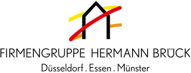 Logo der Firmengruppe Hermann Br&uuml;ck mit Schriftzug und farbigen Linien &uuml;ber einem stilisierten Haus.