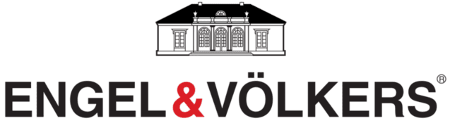 Logo von Engel & Völkers mit stilisierter Gebäudeansicht und Schriftzug in Schwarz und Rot.
