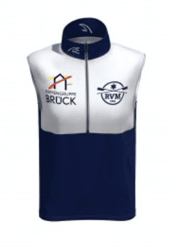 Weste RVM Sportliche Weste in Blau und Weiß mit Logos der RVM und der Fischerguppe Bruck auf der Vorderseite.